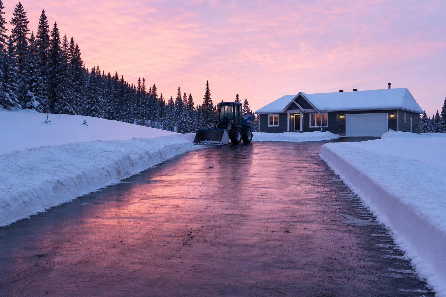Cleared residential driveway at dawn after an overnight snowfall in Thunder Bay